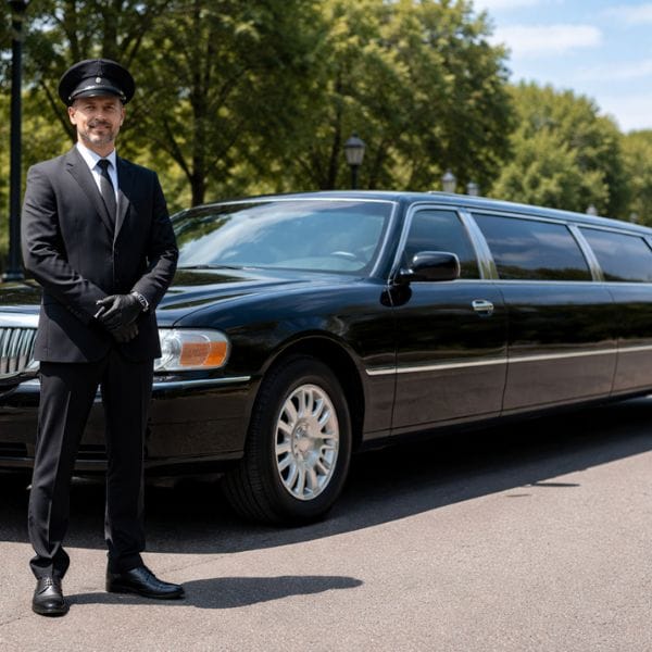 Black chauffeur standing beside luxury limousine on city road in daytime (1)