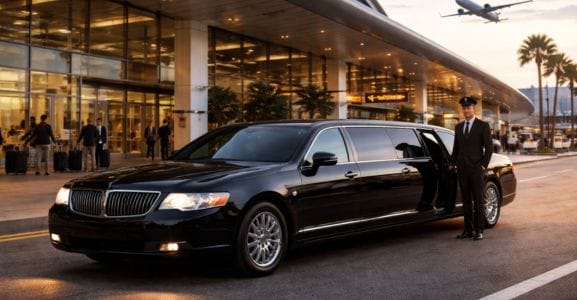 Black limousine at airport terminal for luxury airport transfer