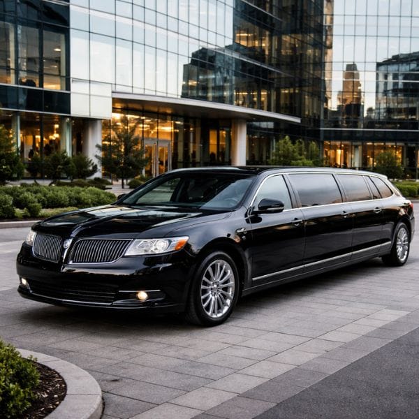 Black limousine parked outside modern office building