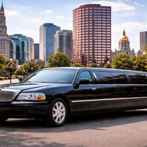 Black luxury limousine parked in downtown Hartford. Black luxury limousine parked in downtown Hartford, Connecticut.