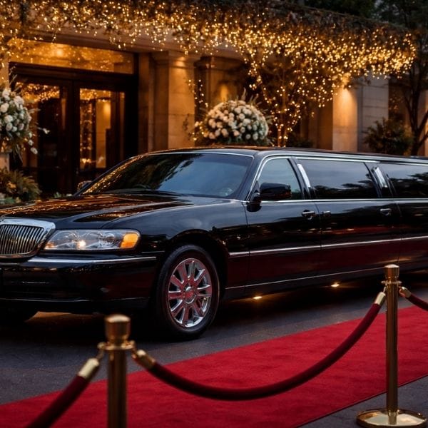Black luxury limousine ready for a event at night