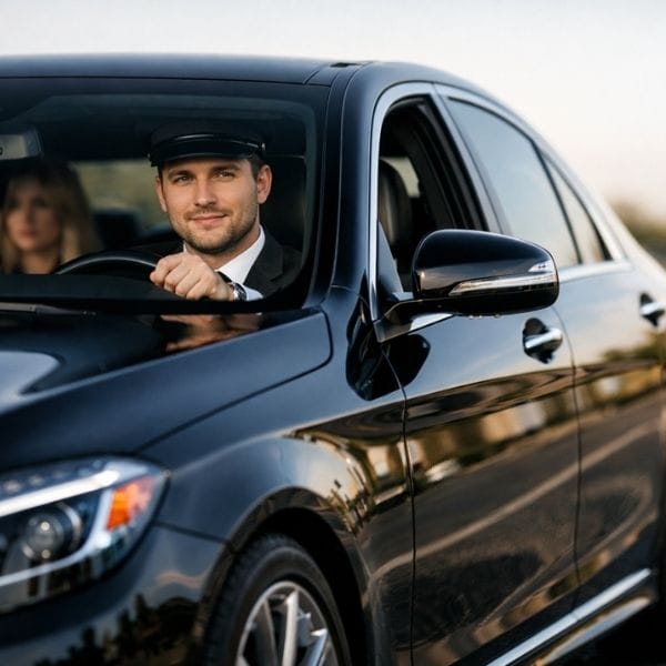 Black luxury sedan with professional chauffeur driving on an open road. Black luxury sedan with professional chauffeur driving on an open road.