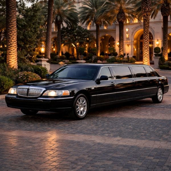 Black stretch limousine parked outside a luxury hotel at dusk