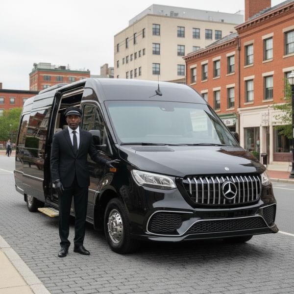 Chauffeur standing beside black Mercedes Sprinter van.
