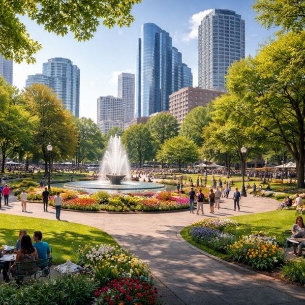Downtown city park with green trees, fountain, and people relaxing. Downtown city park with green trees, fountain, and people relaxing.