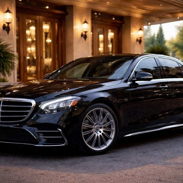 Executive black sedan parked outside a luxury hotel.