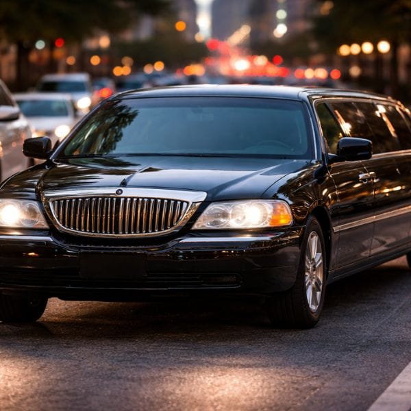 Front view of a luxury black limousine driving through city traffic. (1)