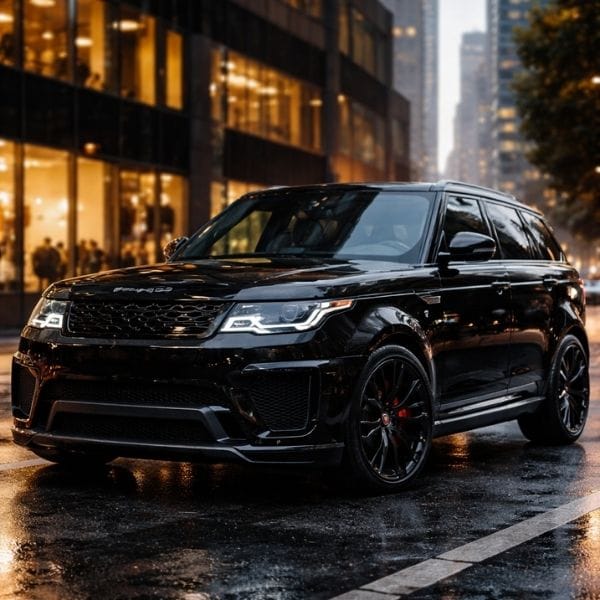 Luxury black SUV parked on city street at night