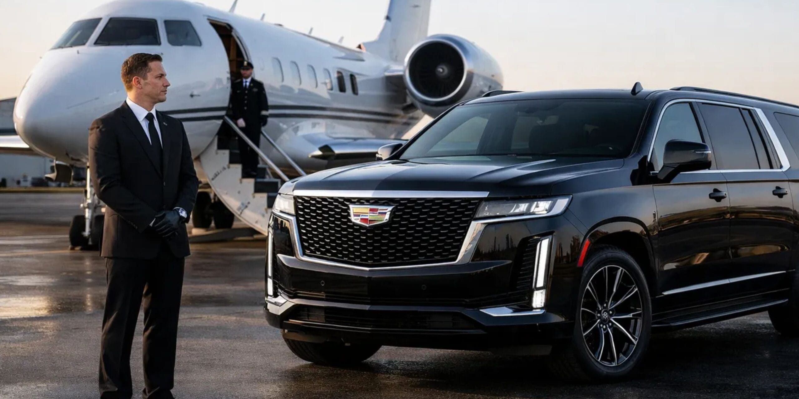 Luxury black SUV with chauffeur beside private jet at airport runway