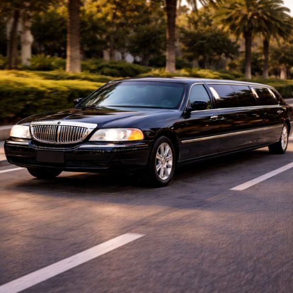 Luxury black limousine driving on a smooth road