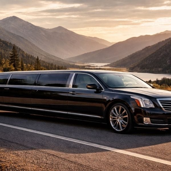 Luxury black limousine on scenic long-distance highway journey