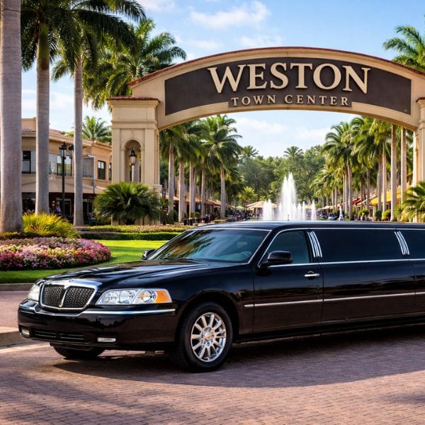 Luxury black limousine parked at Weston Town Center with palm trees and fountain backdrop