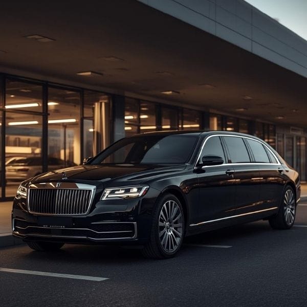 Luxury black limousine parked at airport terminal for private transfer