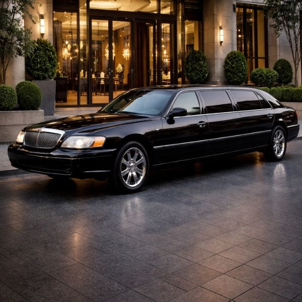 Luxury black limousine parked at booking center entrance