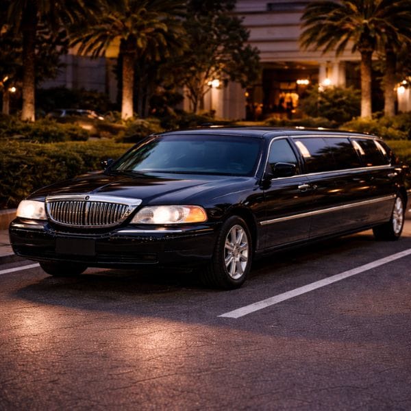 Luxury black limousine parked at night in a parking lot. (1) Luxury black limousine parked at night in a parking lot.