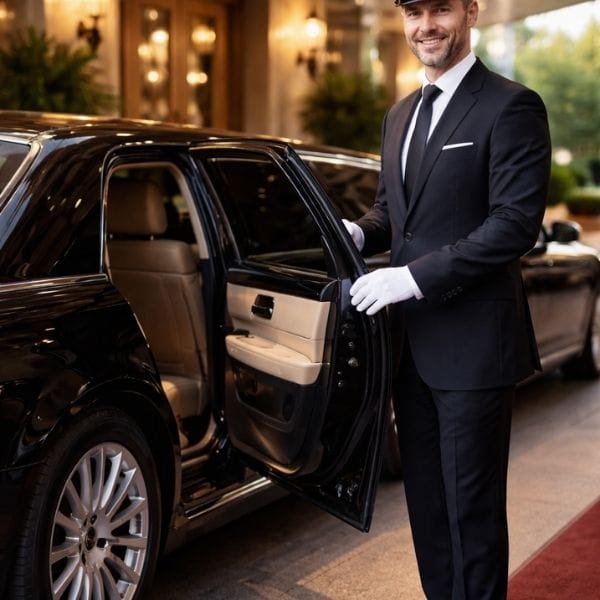 Luxury black limousine with professional chauffeur holding the door open.
