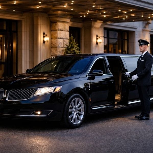 Luxury black limousine with white chauffeur outside hotel.