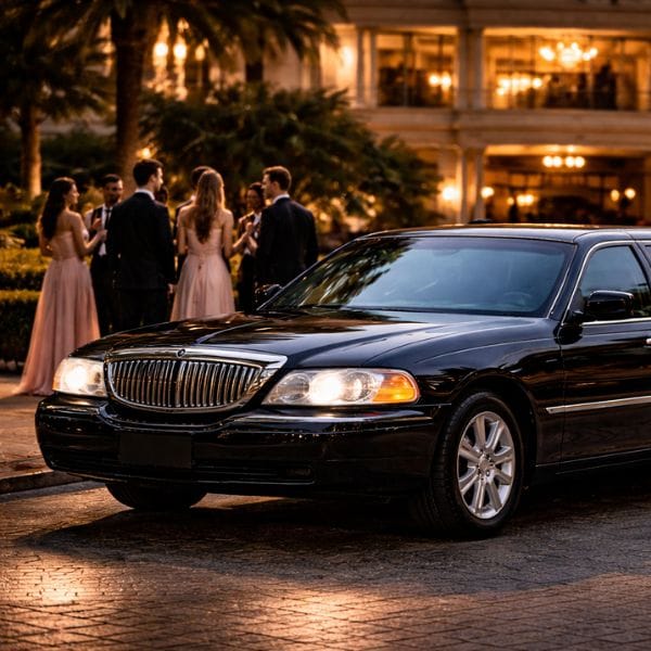 Luxury black prom limousine parked outside a venue at night. Luxury black prom limousine parked outside a venue at night.
