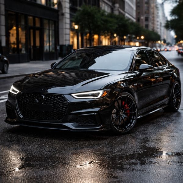 Luxury black sedan on city street