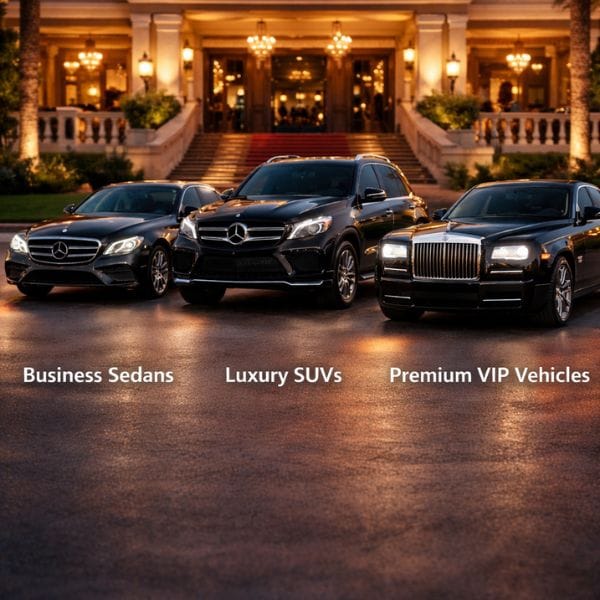 Luxury sedans and SUVs lined up at a hotel entrance at night