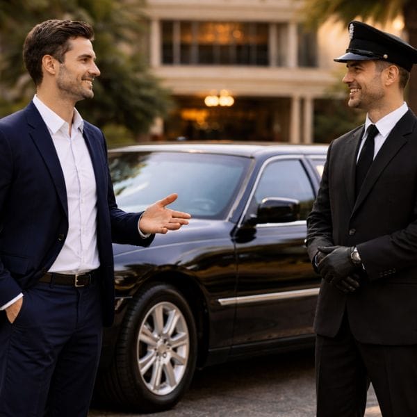 Person talking with chauffeur in front of a luxury black limousine. Person talking with chauffeur in front of a luxury black limousine.