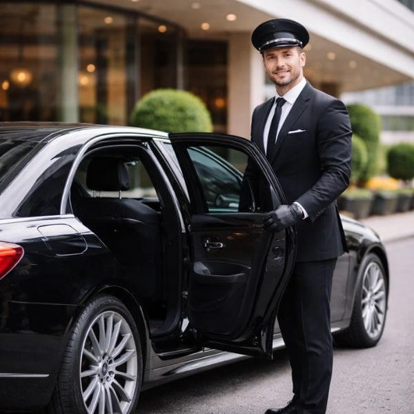 Professional chauffeur opening luxury black sedan door