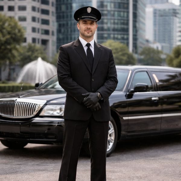 Professional chauffeur standing beside a luxury black limousine in the city.