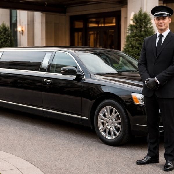 Professional chauffeur standing beside a luxury black limousine outside a hotel