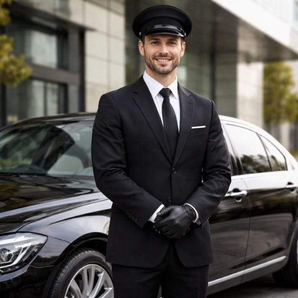 Professional chauffeur standing beside black luxury car