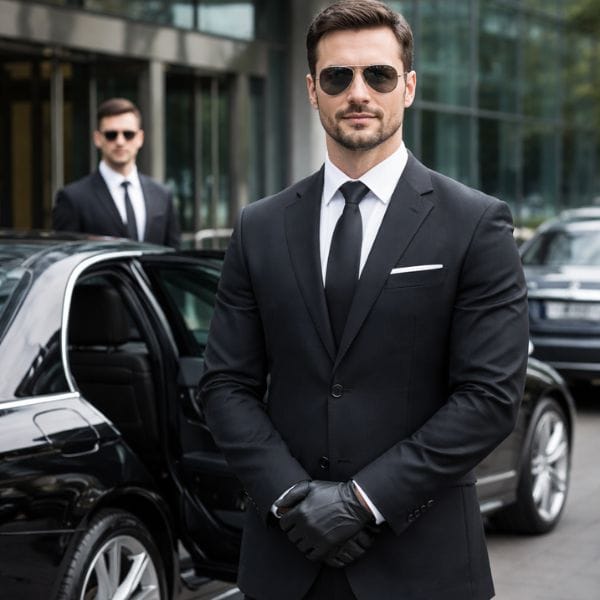 Professional chauffeurs standing beside luxury black sedan