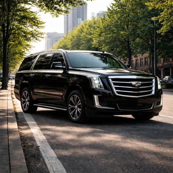 Safe black car service parked on city road Safe black car service parked on city road