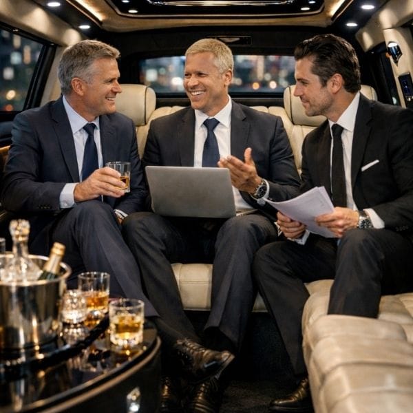 businessmen discussing work inside a luxury limousine.