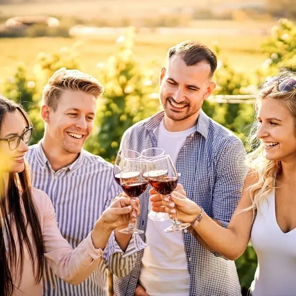 Four smiling friends clinking glasses of red wine together outdoors in a sunlit vineyard.